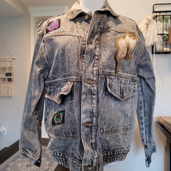 Ruff Stuff Vintage 90's Gray Denim Jean Jacket Patches •Size Kids XL/Women Small - Picture 1 of 13